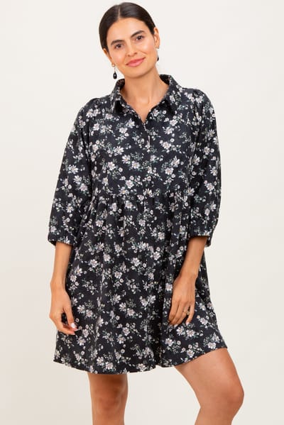 Umgee Black Floral Corduroy Button Down Shirt Dress