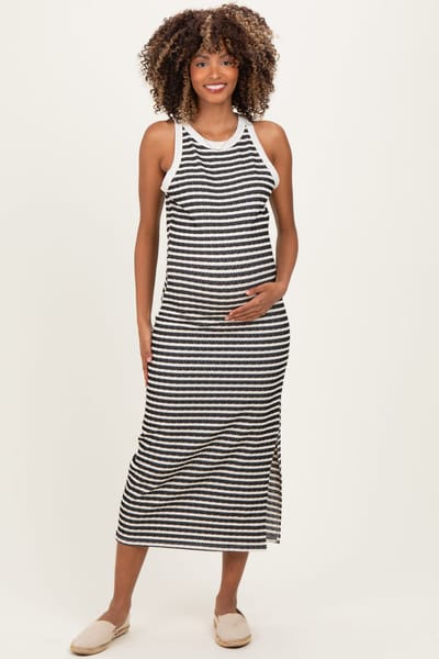 PinkBlush Black Striped Knit Side Slit Maternity Tank Dress