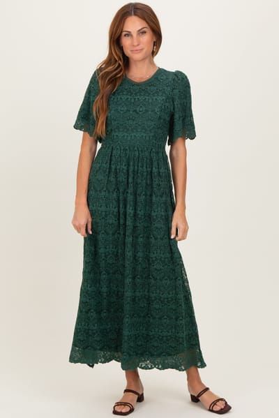 Tea N Rose Forest Green Floral Lace Midi Dress