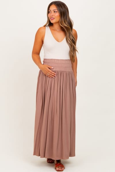 Vine & Love Mocha Smocked Waistband Pleated Maternity Maxi Skirt