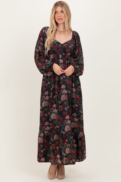 In February Black Floral Long Balloon Sleeve Sweetheart Neck Maxi Dress