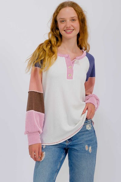 7th Ray Pink Textured Rib Colorblock Raglan Long Sleeve