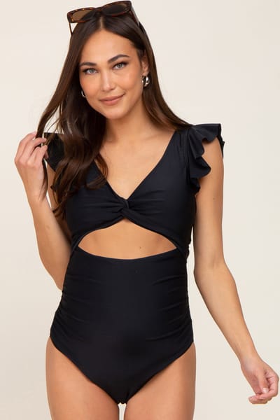 PinkBlush Black Cutout Flutter One Piece Maternity Swimsuit