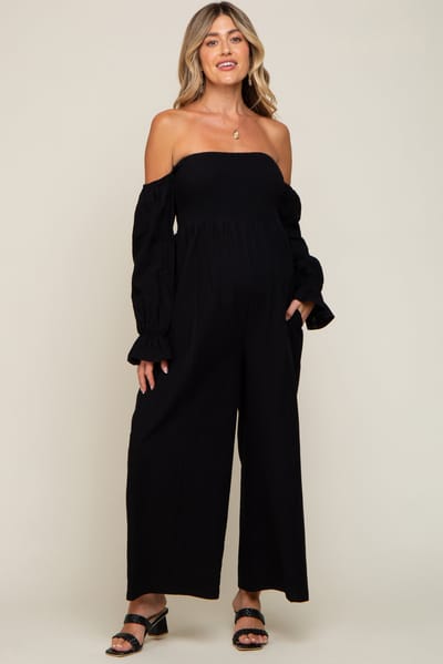 PinkBlush Black Linen Smocked Off Shoulder Wide Leg Maternity Jumpsuit