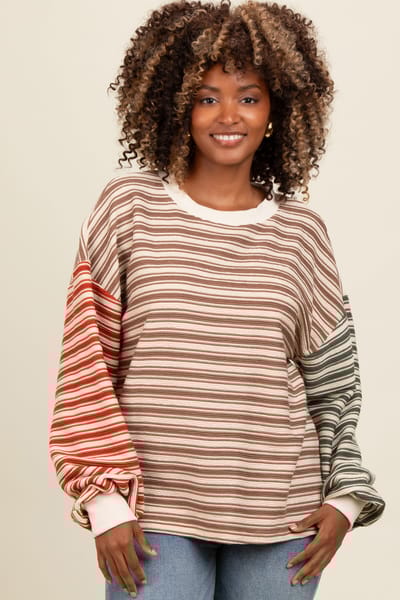 BiBi Brown Striped Colorblock Bubble Sleeve Top