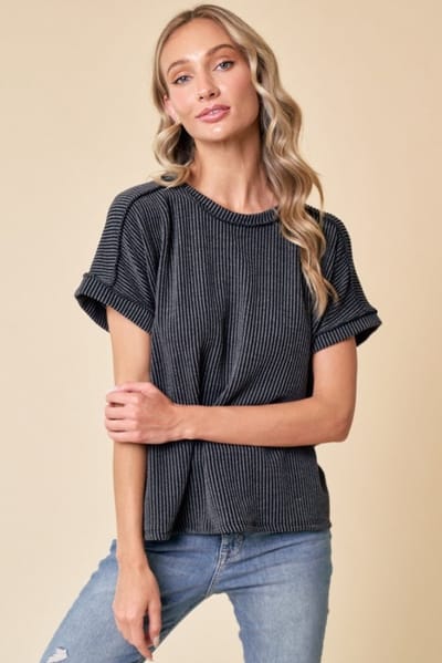 Lovely Melody Black Exposed Seam Short Sleeve Top