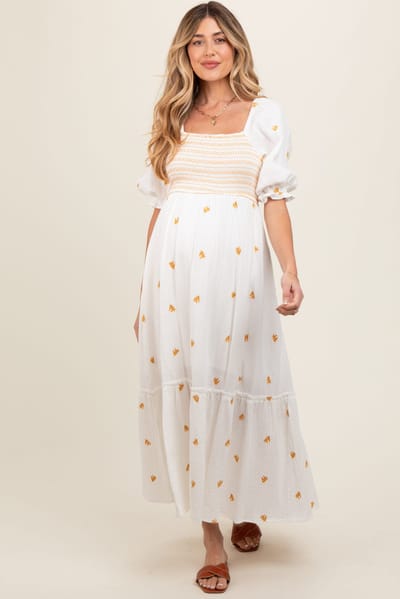 PinkBlush Ivory Gauze Smocked Embroidered Square Neck Maternity Midi Dress