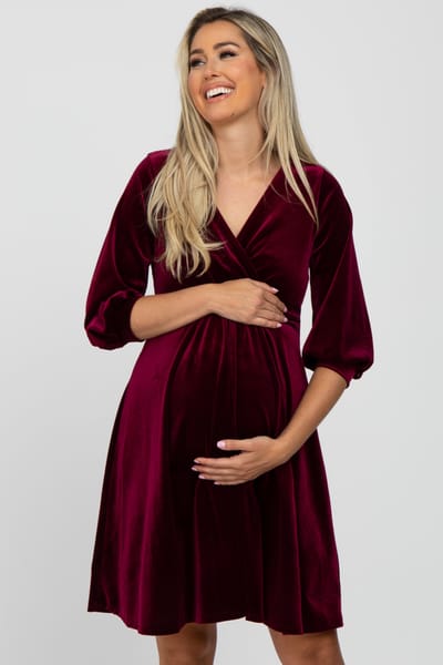 Hello Miz Burgundy Velvet Wrap Front Babydoll Maternity Dress