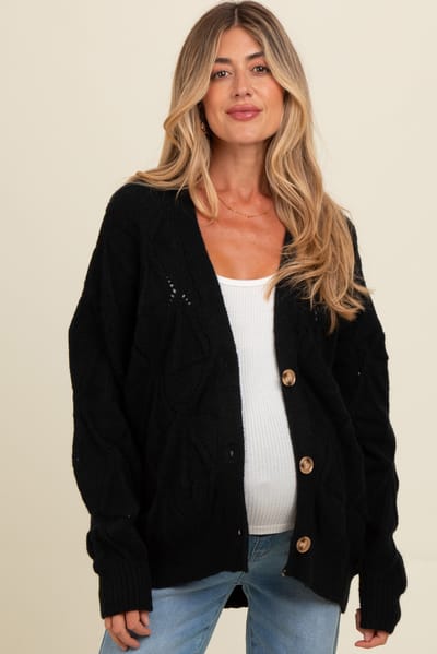 So Me Black Textured Button Up Sweater Maternity Cardigan