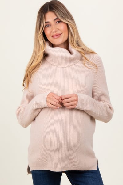 PinkBlush Beige Basic Ribbed Turtle Neck Maternity Sweater