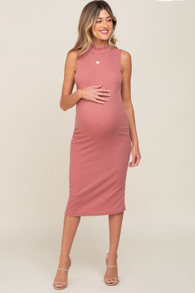 Elloh Mauve Ribbed Sleeveless Mock Neck Maternity Midi Dress