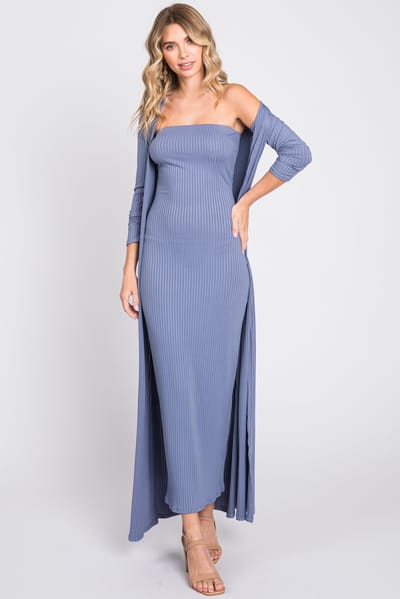Rhea + Thea Blue Ribbed Sleeveless Dress Cardigan Set