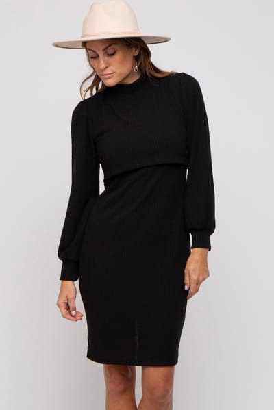 Hello Miz Black Rib Knit Mock Neck Mock Neck Nursing Dress