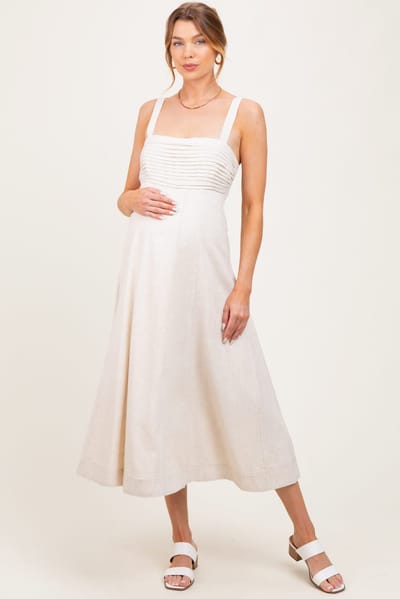 PinkBlush Cream Pleated Bodice Maternity Midi Dress