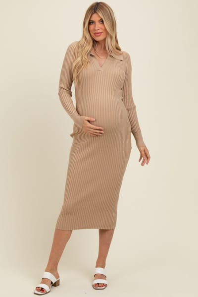 Et Clet Beige Ribbed Knit Collared Maternity Sweater Dress