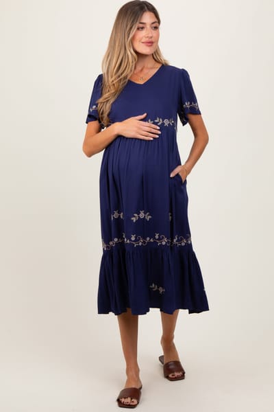 PinkBlush Navy Floral Lace Maternity Midi Dress