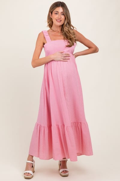 PinkBlush Red Scrunch Strap Back Tie Ruffle Maternity Maxi Dress