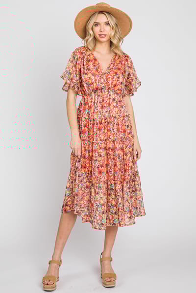 Umgee Orange Metallic Striped Chiffon Ruffle Tiered Midi Dress