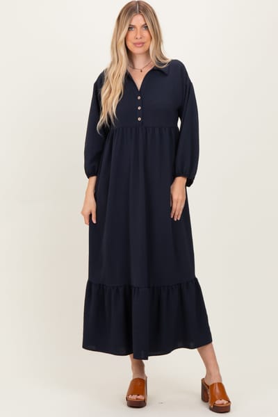 Rhea + Thea Navy Solid Long Sleeve Button Down Tiered Collared Dress