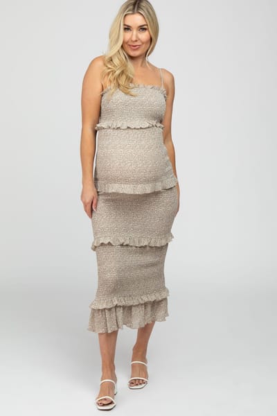 PinkBlush Taupe Leaf Print Smocked Fitted Maternity Midi Dress