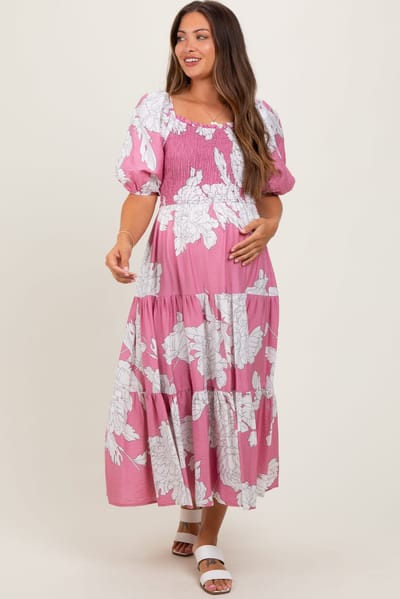 PinkBlush Pink Floral Smocked Front Tie Cutout Maternity Maxi Dress