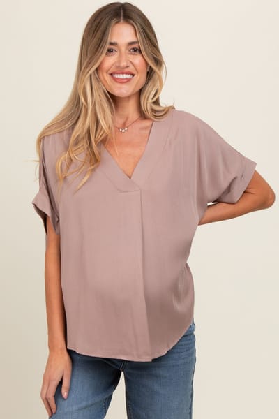 Vine & Love Mocha V-Neck Pin-Tuck Detail Maternity Top