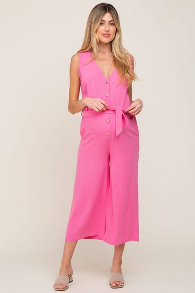 PinkBlush Pink Sleeveless Button Front Maternity Cropped Jumpsuit