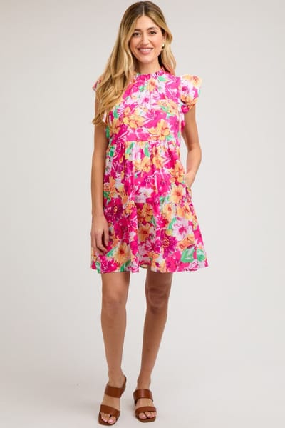 Jodifl Fuchsia Floral Ruffle Tiered Maternity Dress