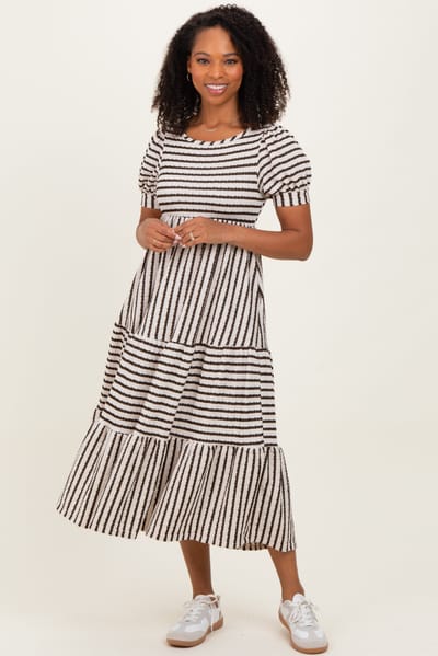 Rhea + Thea Cream/Olive Striped Short Sleeve Tiered Maxi Dress