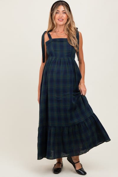 PinkBlush Hunter Green Plaid Sleeveless Cotton Maternity Maxi Dress