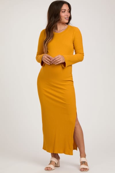Culture Code Yellow Ribbed Side Slit Maternity Maxi Dress