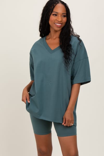 Zenana Outfitters Light Olive Oversized V-Neck Biker Short Set