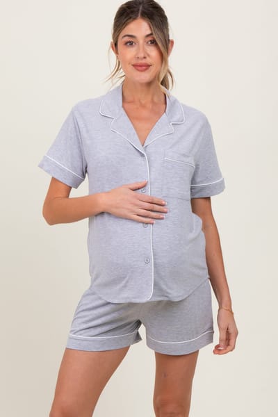 Zenana Outfitters Heather Grey Short Sleeve Button Down Shirt Shorts Maternity Set