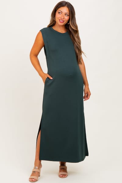 PinkBlush Forest Green Sleeveless Side Slit Maternity Midi Dress