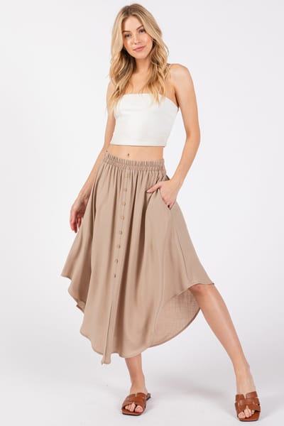 Final Touch Beige Button Accent Round Hem Midi Skirt