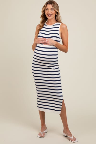 Papermoon White Navy Striped Knit Sleeveless Side Slit Maternity Midi Dress
