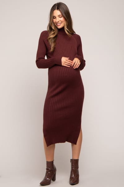 Bluivy Brown Long Sleeve Turtleneck Maternity Sweater Dress