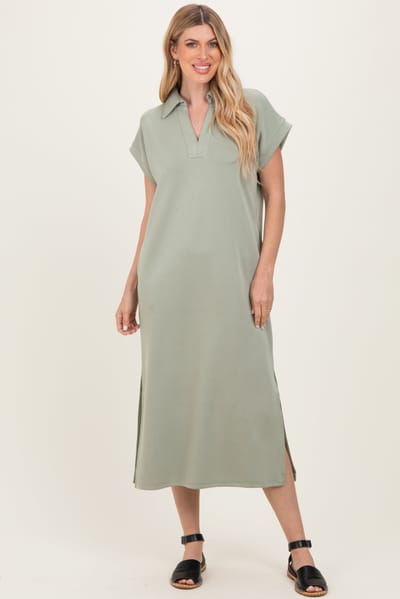 Entro Sage Collared Short Sleeve Midi Dress