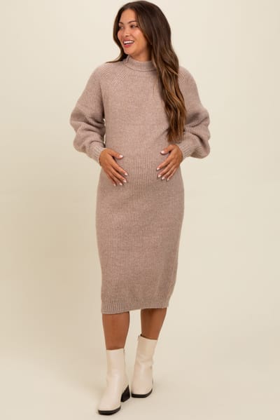 Bluivy Beige Mock Neck Bubble Sleeve Maternity Midi Sweater Dress