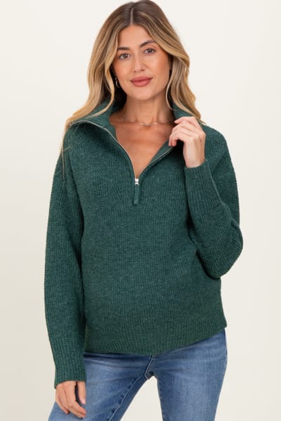 Zenana Outfitters Green Half Zip Maternity Pullover Sweater