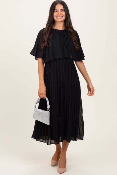 Dress Day Black Pleated Cape Midi Dress