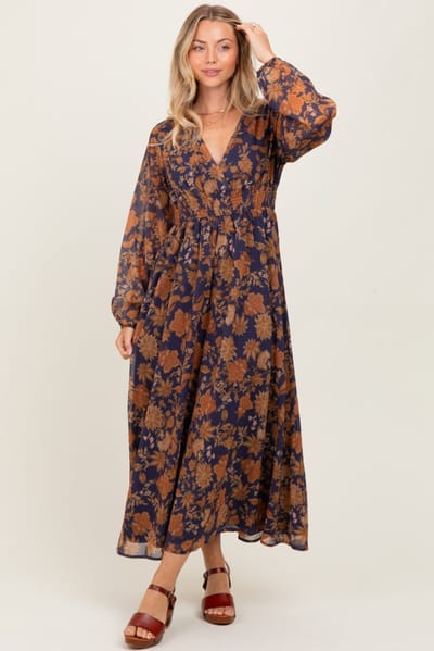 First Love Navy Floral Long Sleeve V-Neck Maxi Dress