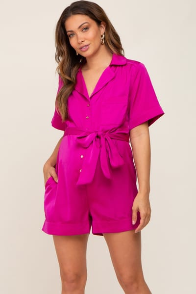 PinkBlush Fuchsia Satin Button Down Maternity Romper