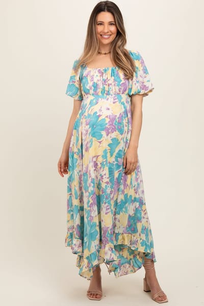 PinkBlush Teal Floral Puff Sleeve Handkerchief Hem Maternity Maxi Dress