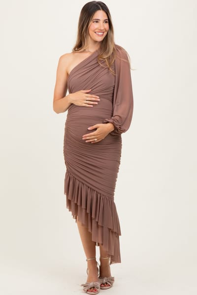 PinkBlush Mocha Mesh Ruched One Shoulder Asymmetric Maternity Dress