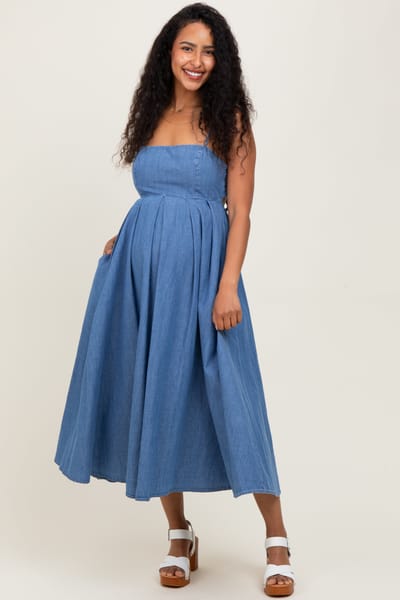 Klesis Denim Open Tied Back A-Line Maternity Midi Dress