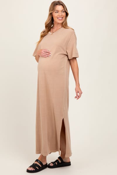 PinkBlush Taupe Short Sleeve Knit T-Shirt Maternity Maxi Dress