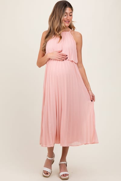 PinkBlush Pink Pleated Woven Maternity Midi Dress