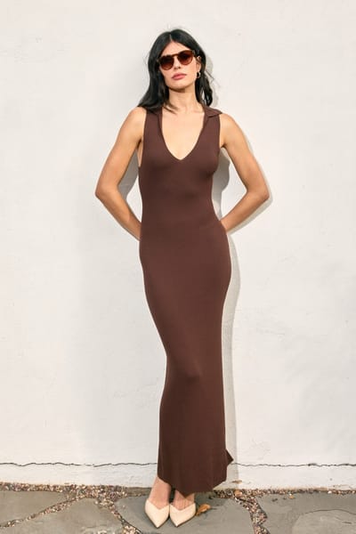 Dress Forum Brown Knit Collared Deep V-Neck Maxi Dress