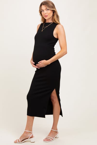 PinkBlush Black Mock Neck Side Slit Maternity Midi Dress